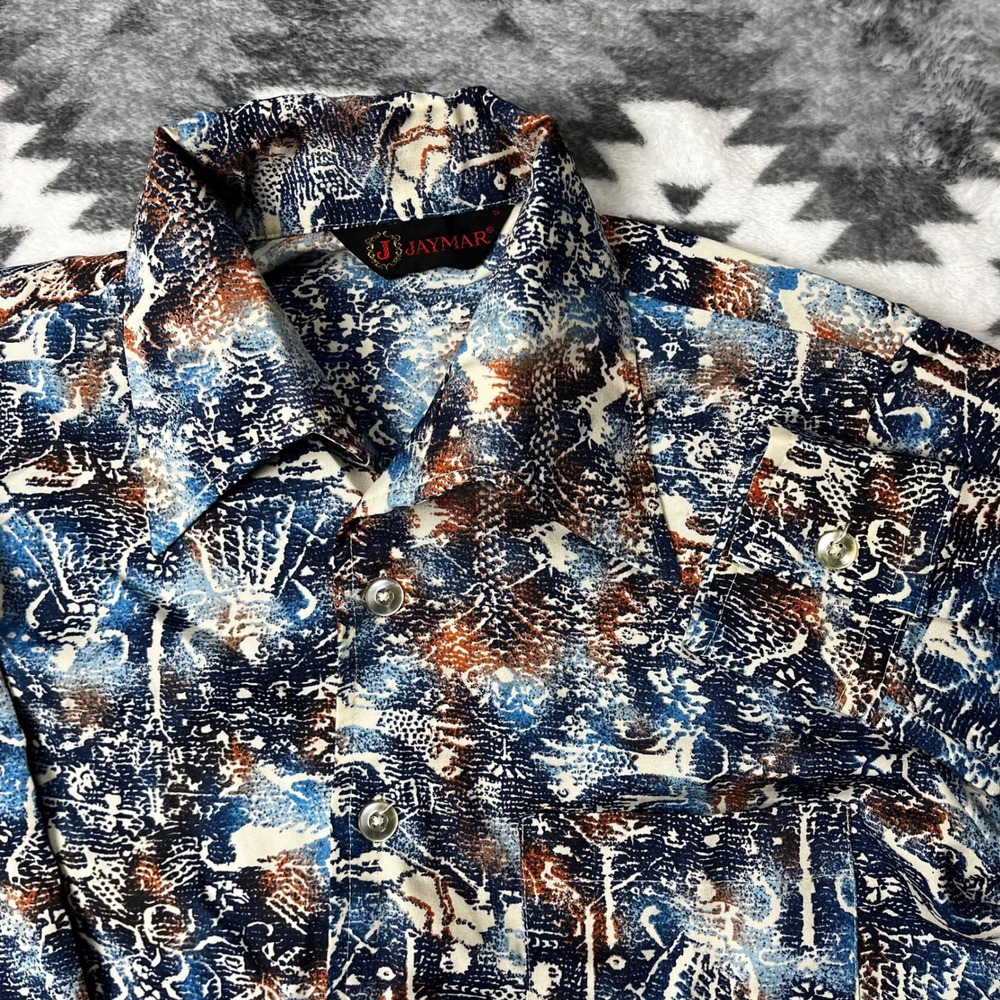 70s Vintage Jaymar Shirt Mens S Abstract Blue Red Button Dagger Collar Polyester